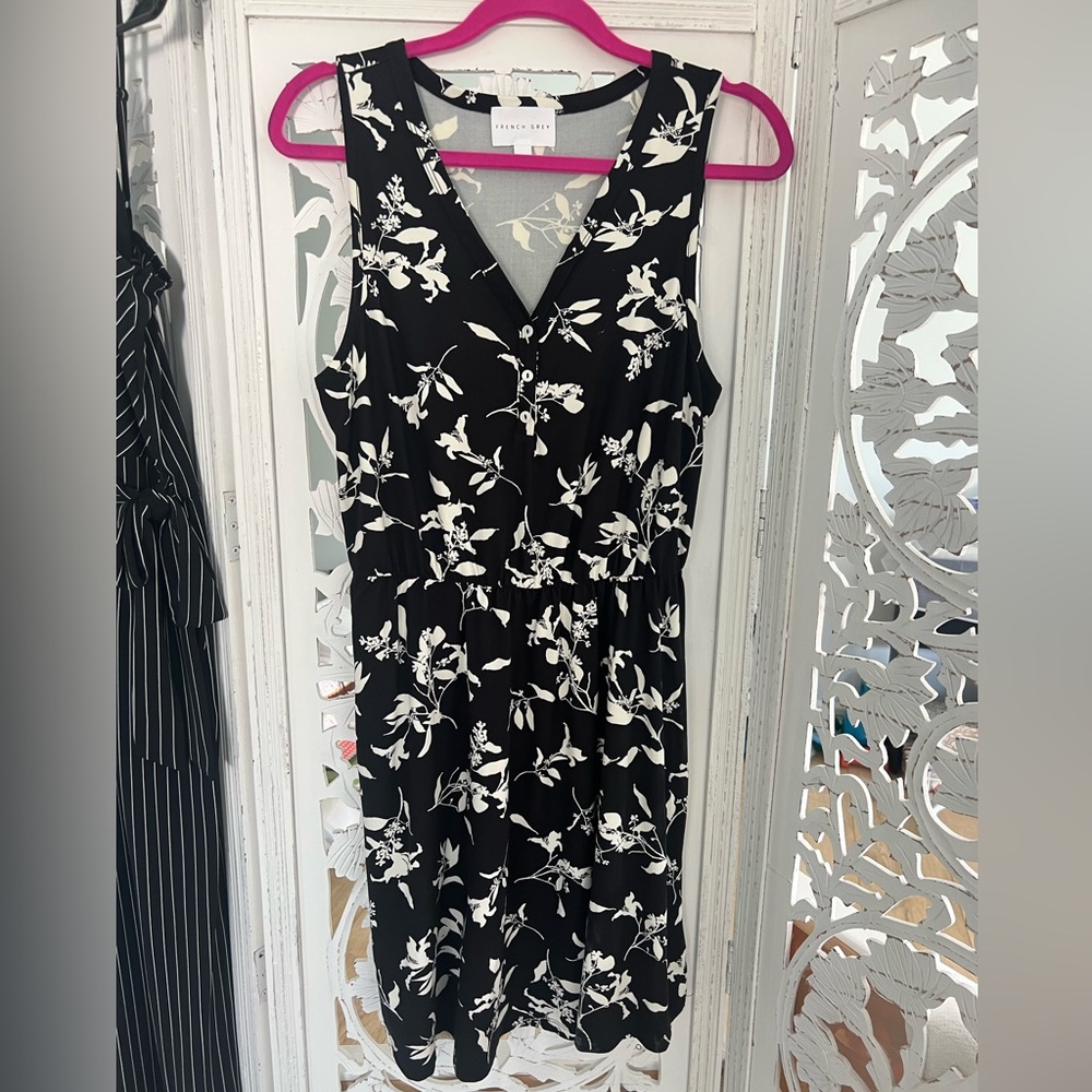 French Grey Black and White Floral Midi Dress